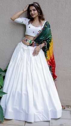 White Color Lehenga, Lengha Blouse Designs, Chaniya Choli Designs, Mirror Work Blouse Design, Simple Lehenga, Navratri Dress, Lehenga Designs Simple, Choli Designs, Ghagra Choli