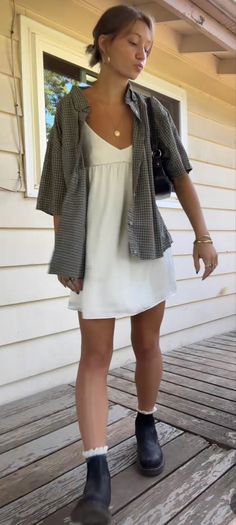 Summer Outfits Chilly Day, Short Dress And Vans Outfit, Cute Timeless Outfits, Backyard Concert Outfit, Greece Aesthetic Clothes, Outfit Ideas From Your Closet, Casual Day Dress Outfit, Button Up And Dress Outfit, Europe Linen Outfits