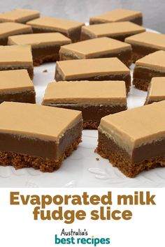 several pieces of chocolate fudge slice on a white plate with text overlay that reads evaporated milk fudge slice australia's best recipes