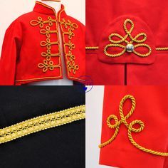 four different images of red and yellow clothing with gold thread on the front, side, and back