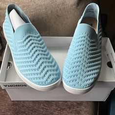 Sonoma Goods For Life Comfort Knit Shoe ! Breathable With Comfy Ortholite Eco Lace Less Slip On Shoe! Beautiful Light Blue! Size 8 Fits True To Size New In Box Blue Slip-on Sneakers For Spring, Comfortable Blue Slip-ons With Removable Insole, Blue Slip-on Sneakers For Summer, Blue Slip-on Synthetic Sneakers, Comfortable Blue Synthetic Slip-on Sneakers, Comfortable Blue Synthetic Slip-ons, Blue Synthetic Slip-on Sneakers, Blue Textile Slip-on Sneakers, Comfortable Blue Slip-on Sneakers With Textured Sole