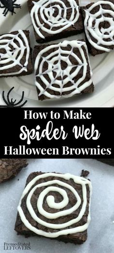 spider web brownies on a plate with white icing and black spider crawling around them