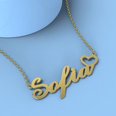 Sofia name necklace Gold Custom Necklace with heart, Personalized Gifts For Her/Him Add something extra special to your jewelry box with Name Necklace Official engravable necklaces.
									The Sofia's name necklace with little heart unique gifts Gold is best gifts for Sofia. Name Necklace Official provides affordable engravable jewelry that won't 
									break the bank. In addition, these pieces make for very thoughtful and appreciated gifts for friends and family. 
									And whether vale Sofia Name, Engravable Jewelry, Name Necklace Silver, Name Necklace Gold, Necklace With Heart, Necklace Rose Gold, Necklace Rose, Personalized Gifts For Her, Engraved Jewelry