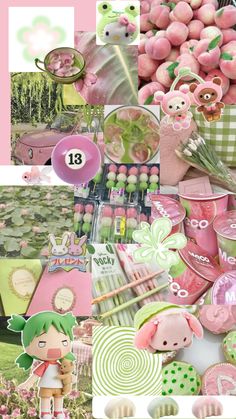 a collage of pink and green items including candy, candies, flowers and other things