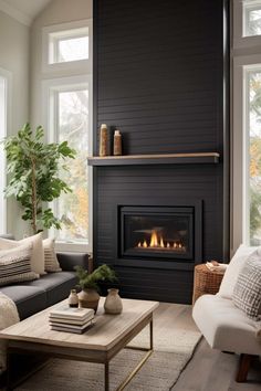 a living room filled with furniture and a fire place in the middle of the room