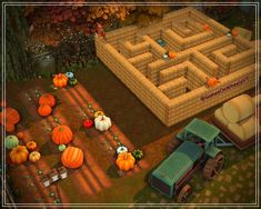 a farm scene with pumpkins, hay bales and a maze in the middle