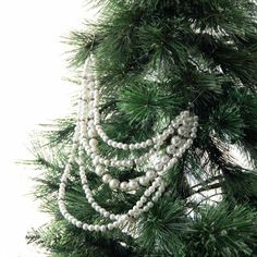 white beads are hanging from the branches of a pine tree