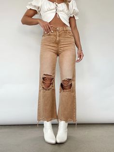 [Pre-Order!] Brown Crop Flare Denim – Lane 201 Trendy Fall Flare Jeans With Frayed Hem, Distressed Denim Flare Jeans For Fall, Distressed Cutoff Flare Jeans For Fall, Fall Distressed Dark Wash Flare Jeans, Distressed Cropped Jeans For Fall, Faded Ripped Flare Jeans For Fall, Fall Mid-rise Flare Jeans With Frayed Hem, Mid-rise Distressed Flare Jeans For Fall, Brown Bottoms With Frayed Hem For Fall