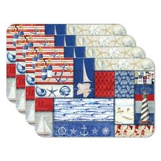 four placemats with different patterns and designs on them, one has an american flag