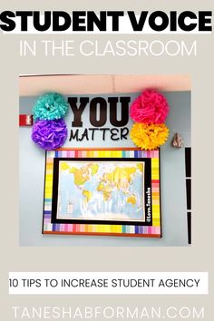 a classroom wall with the words, student voice in the classroom and colorful pom poms