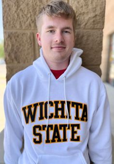 Champion Wichita State Shockers Arch Name Hoodie - White Collegiate White Hoodie For Fall, White Collegiate Hoodie For Fall, White School Spirit Hoodie For Sports, Collegiate White Sweatshirt With Drawstring Hood, White Collegiate Sweatshirt With Drawstring Hood, White Collegiate Sports Hoodie, Collegiate White Hoodie For Sports Season, White Collegiate Hoodie For Sports, White Hoodie For College School Spirit