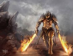 an image of a man with two swords in his hand and fire coming out from behind him