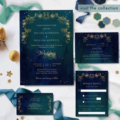 wedding stationery with gold stars and blue watercolors on the bottom, along with other items