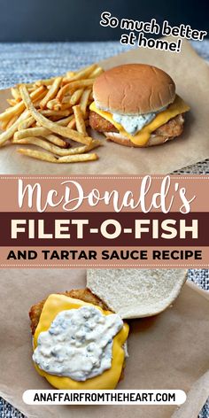 Copy Cat McDonald’s Fish Sandwich with Tartar Sauce and french fries on brown parchment paper. Mcdonalds Tartar Sauce, Mcdonald’s Fish Sandwich, Copycat Mcdonalds Tartar Sauce, Fillet O Fish, Mcdonalds Fillet O Fish, Mcdonalds Fish Fillet Recipe, Copycat Mcdonald’s Filet O Fish, Fillet O Fish Mcdonald's