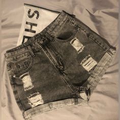 New In Package- Shein High Waist Distressed Black /Gray Jean Shorts Size 6/ Medium Offers Welcomed/ Will Discount Bundles Spring Gray Ripped Bottoms, Summer Distressed Gray Bottoms, Gray Distressed Bottoms For Summer, Distressed Gray Bottoms For Summer, Shein Shorts, Vintage Denim Shorts, Olive Green Shorts, Ripped Jean Shorts, Ripped Denim Shorts