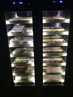 there are two shelves that have many items in each shelf and lights on the sides