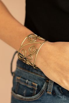 Antiqued brass wire bends and curls into groovy floral and swirl frames, coalescing into a psychedelic cuff around the wrist. Paparazzi Accessories Jewelry, Brass Cuff Bracelet, Jewelry Watch, Brass Cuff, Brass Bracelet, Apple Ios, Brass Necklace, Paparazzi Accessories, Blue Gems