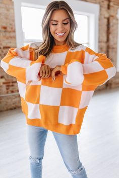 This luxurious Checkered Bishop Sleeve Sweater will have you looking fashionable and feeling cozy. The checkered pattern and bishop sleeves make this sweater stand out from the rest of your wardrobe. Be inspired and stay stylish with this timeless piece. Model Info: Models are 5'7", Size 2, wearing smalls Fabric: 100% Acrylic Sizes Bust Sleeve_Length Length Hem_Width Relax Relax Relax Relax S 44.9 16.5 23.6 40.2 M 47.2 16.5 24.4 42.5 L 49.6 16.5 25.2 44.9 XL 52.8 16.5 26.0 48.0 Elasticity High Bishop Sleeve, Look Stylish, Checkered Pattern, Club Outfits, Sweater Sleeves, Fall Wardrobe, Pink Sweater, Curvy Fashion, Dressed Down