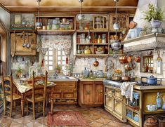 a painting of a kitchen with lots of pots and pans hanging from the ceiling