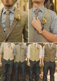 three pictures of men wearing vests and ties with flowers in their lapel holes