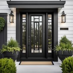 a black front door with two large planters on either side and one light on