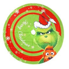 a green and red paper plate with an image of the grinch on it's face