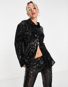 Tops by 4th & Reckless Part of a co-ord set Pants sold separately Spread collar Button placket Relaxed fit Co Ord Sets Pants, Sequin Shirt, Co Ord Set, Set Outfit, Black Sequins, Co Ord, Curator Style, Online Shopping Clothes, Black Shirt