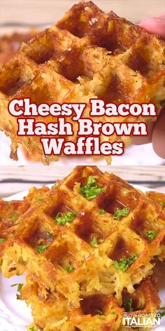 cheesy bacon hash brown waffles on a white plate with text overlay