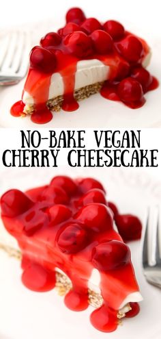 no - bake vegan cherry cheesecake on a white plate