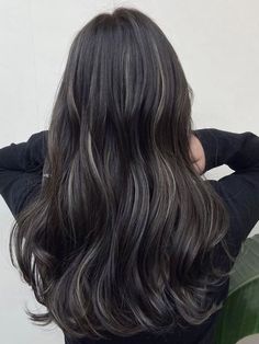 Brown Hair Balayage Ashy Brown, Asian Silver Highlights, Cool Brown With Lowlights, Korean Hair Highlights Black, Mushroom Highlights On Black Hair, Black Hair With Micro Highlights, Black Long Hair Highlights, Babylights In Black Hair, Small Highlights On Black Hair