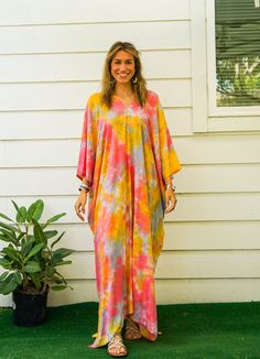 "🌈 Tie Dye Kaftan Dress, Loose Fit Tie Dye Dress, Hippie Tie Dye Kaftan, Tie Dye Clothing, Oversize Kaftan Dress, Tye Dye Caftan Dress Measurement and detail: 👉Fabric: 100% Breathable and Comfy Rayon 👉Method: Hand Dyed 👉Size: One Size Fits Most (M-3XL) Extremely comfy  👉Boho/Hippie /Festival/Beach/Tropical/Fancy/UniqueTheme 👉Length of Dress: 55\" 👉Width of Dress: 45\" 👉Bust up to 60\" 👉The back is identical to front pattern ------------------------------------------- 🌸Care Instruction: Summer Tie-dye Natural Dye Maxi Dress, Summer Tie-dye Maxi Dress With Natural Dye, Hand Dyed Maxi Dress For Spring Vacation, Summer Tie Dye Maxi Dress With Natural Dye, Hand Dyed Maxi Dress For Festival, Beach Tie Dye Maxi Dress With Natural Dye, Flowy Hand Dyed Maxi Dress For Vacation, Flowy Hand-dyed Maxi Dress For Vacation, Spring Kaftan With Natural Dye