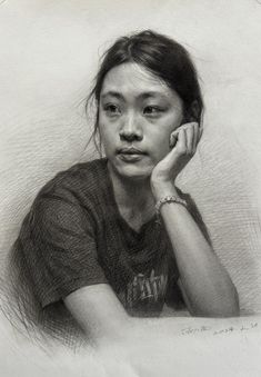 a pencil drawing of a woman sitting at a table with her hand on her chin