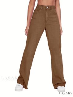 Lasaky - Chic High-Waisted Straight Jeans with Relaxed Fit, High Rise, and Classic Slash Pockets - Womens Denim Apparel Collection High Waist Jeans For Fall, Chic Brown Spring Jeans, Brown High-waisted Cotton Jeans, Trendy High Waist Brown Jeans, Brown Cotton High-waisted Jeans, Trendy Brown High Waist Jeans, Trendy Brown High-waist Jeans, High Waist Solid Color Jeans For Fall, Brown Cotton Bottoms Solid Color