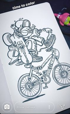 a drawing of a person riding a bike on top of a white sheet with the words time to color