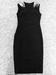 Knit stretch sleeveless sheath dress. Crystal fringes decorate the garment on the shoulders and the back. V-neck collar. skirt with a low side slit. Dress Crystal, Black Bandage Dress, Sleeveless Sheath Dress, Stay The Night, Bandage Dress, Neck Collar, Sleeveless Tank, Tank Dress, Sheath Dress