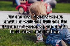 a little boy sitting in the grass with a toy truck behind him and a quote on it