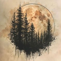 a painting of trees with the moon in the background and watercolor splashes on paper