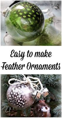 christmas ornaments with the words easy to make feather ornaments on top and below