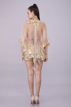 Peach sheer kaftan with floral embroidery using crystals, sequins, pearls. - Aza Fashions Festive Floral Embroidered Kaftan For Party, Spring Wedding Kaftan With Dupatta, Festive Party Kaftan With Floral Embroidery, Festive Floral Embroidered Party Kaftan, Summer Wedding Kaftan With Sequins, Spring Party Kaftan With Resham Embroidery, Sheer Kaftan, Kaftan Women, Kaftan For Women