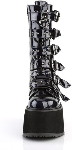 3 1/2" Platform Mid-Calf Boot with six Buckled Straps, Metal Side Zipper - Fit Guide: True to Size - Heel Height: 3 1/2" Platform - Brand: Demonia - Shown in Women's Sizes - Country of Origin: Imported Weird Clothing, Hologram Shoes, Emo Boots, Black Patent Boots, Demonia Boots, Gothic Mode, Alternative Shoes, Platform Combat Boots, Gothic Boots