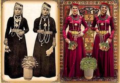 two pictures of people dressed in traditional clothing and one with a potted plant on the floor