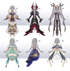 four different types of anime characters with long hair and horns, all in various outfits