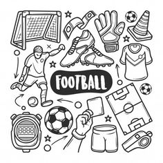 the word football surrounded by various sports related items, such as gloves and soccer balls