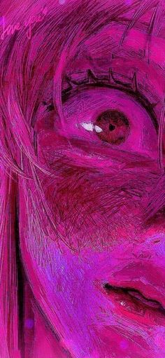 an artistic drawing of a woman's face with pink hair and eyeliners