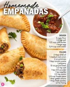 the recipe for homemade empanadas is shown on a white plate with sauce