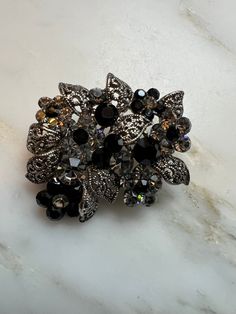 Black Brooch Jewelry For Wedding, Black Brooch Pins For Party, Black Flower Brooch For Party, Black Party Brooch Pins, Vintage Black Party Pins, Black Brooch Pins For Evening, Black Rhinestones Brooch For Gift, Black Brooch Jewelry For Party, Black Party Jewelry Brooch