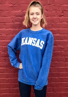 Kansas Jayhawks Womens Blue Comfy Cord Crew Sweatshirt - 22641420 Collegiate Spring Tops With Ribbed Cuffs, Collegiate Style Top With Ribbed Cuffs For Spring, Spring Collegiate Tops With Ribbed Cuffs, Blue School Spirit Tops For Fall, Blue Tops For Fall School Spirit, Casual Blue Tops For Winter, Long Sleeve Tops With Ribbed Cuffs For Campus, Blue Tops With Ribbed Cuffs For Game Day, Blue Tops For Campus In Fall