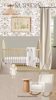 a baby's nursery room with white furniture and accessories