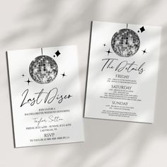 a white and black disco ball themed wedding card