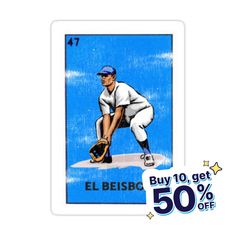 a baseball card with an image of a player holding a glove and the words buy 10 get 50 % off